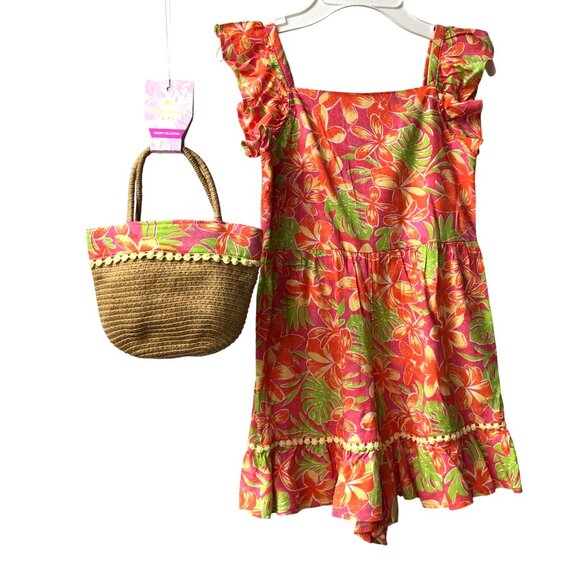 Tommy Bahama Girls‎ Floral Romper Dress & Straw Purse Set - Tropical Print 7 NWT - Picture 8 of 11